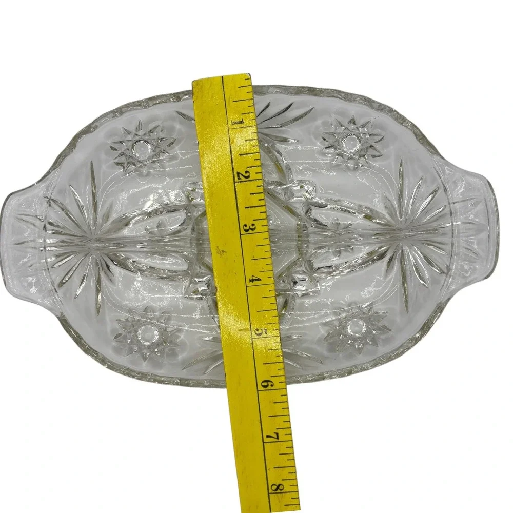 Vintage Clear Glass Divided Candy Dish Serving Tray Starburst Pattern‎ Handles